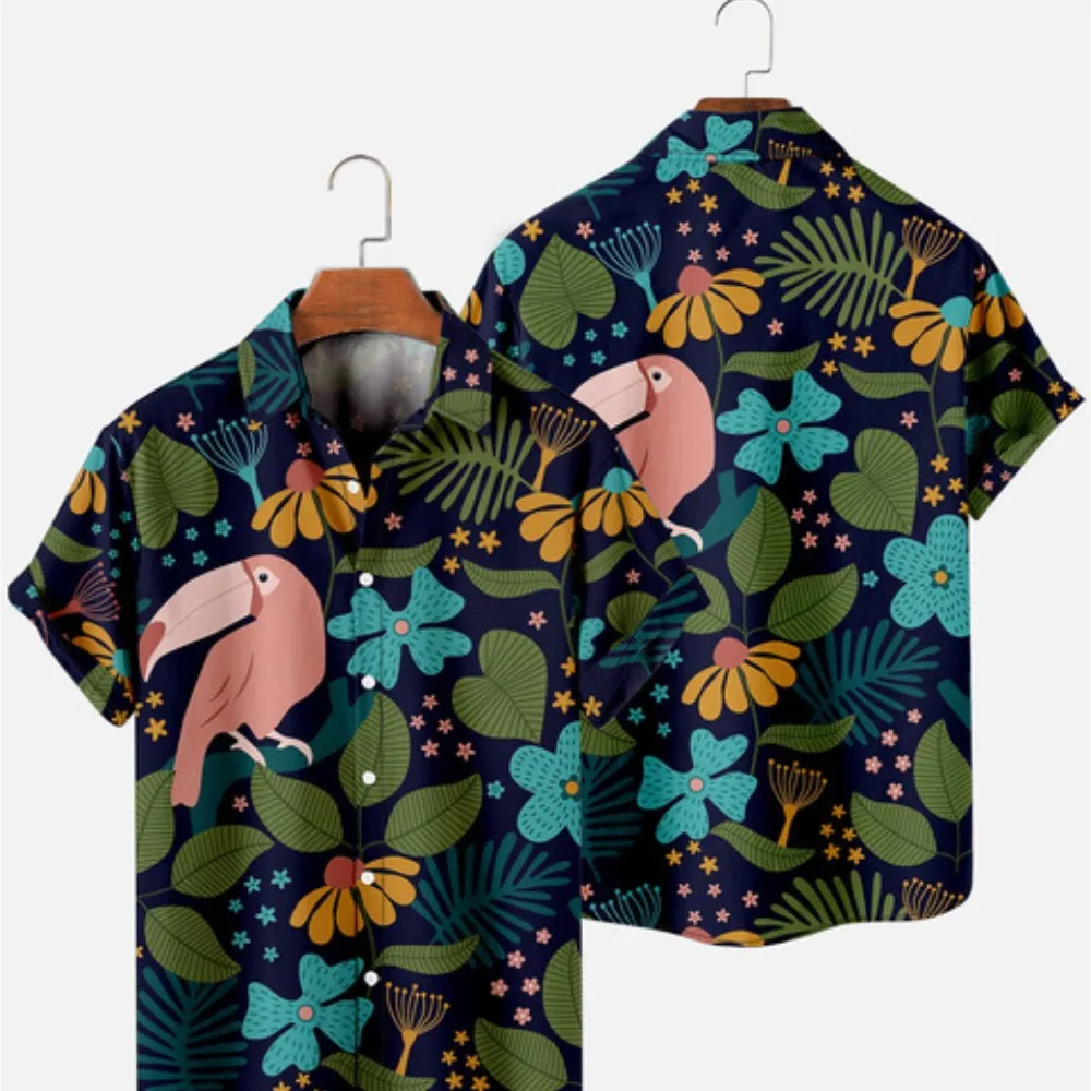 Camisa de manga curta estampada floral havaiana masculina, camisa coreana casual, lapela na moda, férias de praia de verão