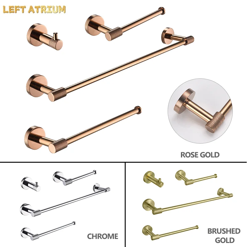 Glossy Rose Gold Chrome Bathroom Accessories Set Wall Mounted Hand Towel Holder Toilet Roll Holder Bathrobe Hook Hanger