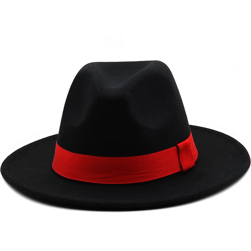 

New 7CM Wide Brim Women Felt Fedora Hats With Bee Ribbon Autumn Winter Wedding Party Trilby Hat Men Gentleman Jazz Hats 54-58CM