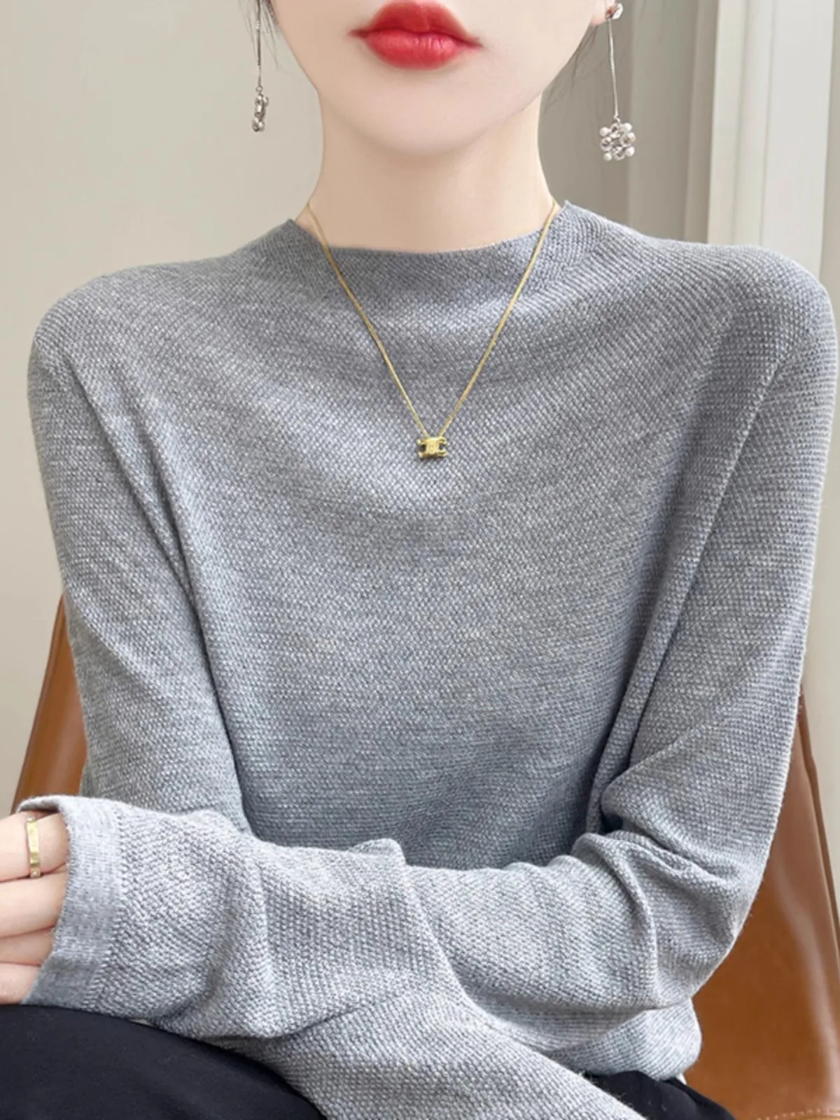

Elegant Knitted Base Shirt Women's Autumn Winter Inner Wear Half High Collar Slimming Pure Color Knit Top Commute Style Korea...