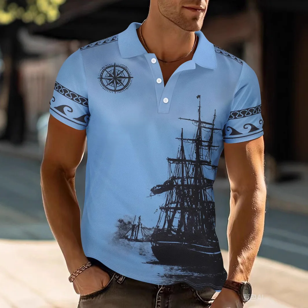 The 2025 summer new sailboat pattern printed POLO shirt for men with a lapsed casual and fashionable street short-sleeved top