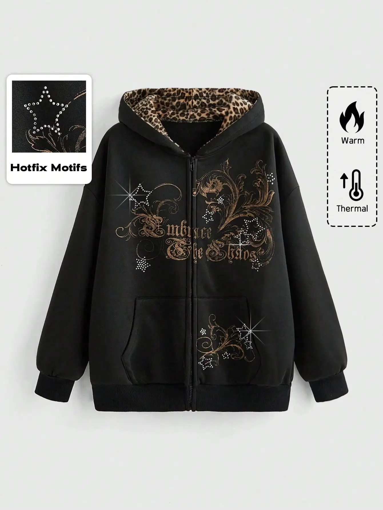 

Black Loose Fit Zip-Up Hoodie with Rhinestone Floral Motifs & Leopard Lining