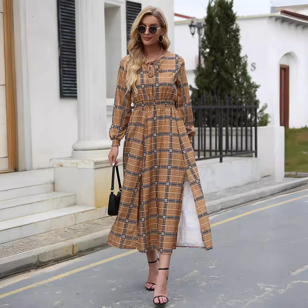 New fall and winter Europe and the United States women's plaid waisted open fork in the long section long-sleeved dresses