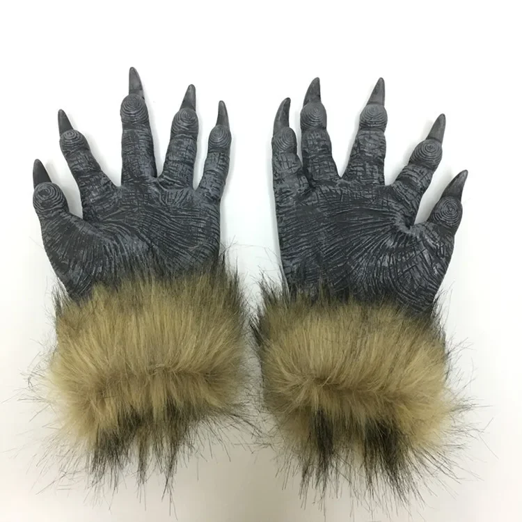 Werewolf Costume Party Mask Wolf Gloves Cosplay Halloween Masquerade Rubber Wolf Head Hair Mask Werewolf Gloves Mask Scary Decor