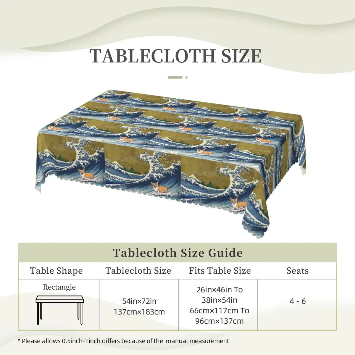 Corgi Dog Surfing The Great Wave Customized Rectangular Tablecloth Waterproof Table Cover for Dining Events Table Cloth