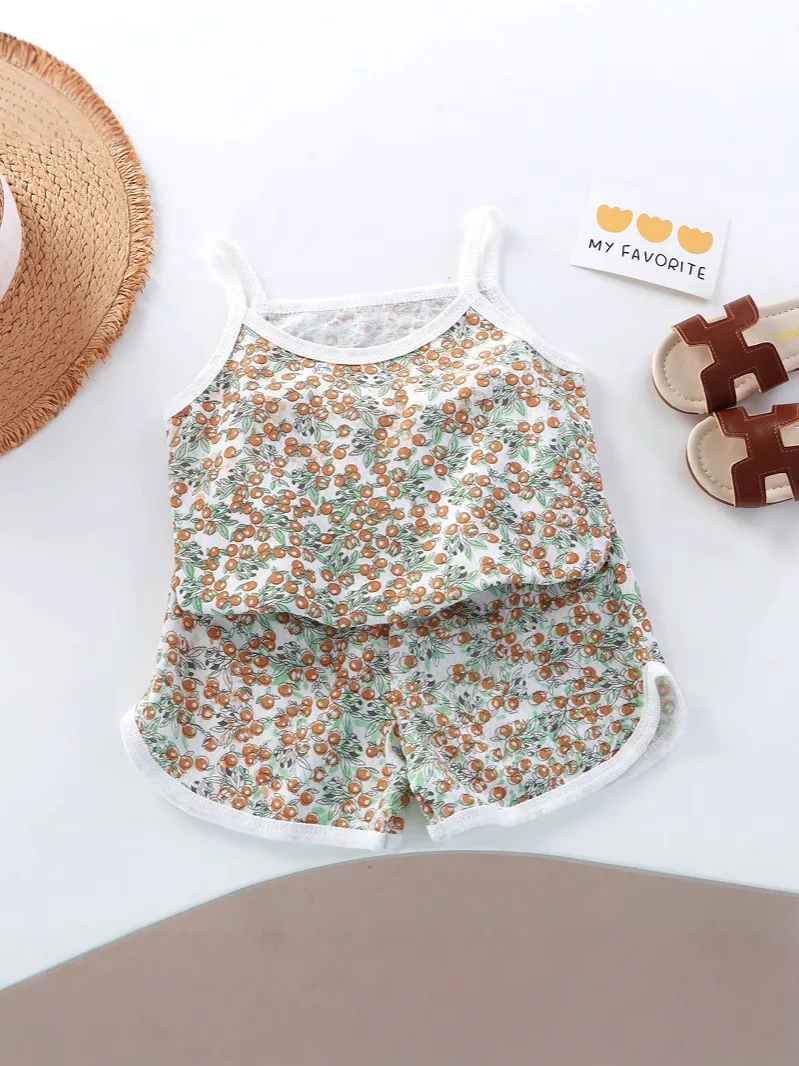 1-6Y Summer Thin Kids Outfit Cute Floral Print Sleeveless Top+Shorts 2Pcs Clothes for Girls Cotton Children Sleepwear Daily