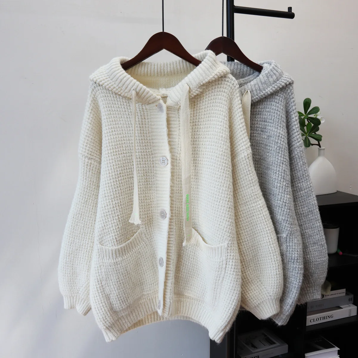 

Women Hooded Cardigan Sweaters Solid Jumpers Knitted Long Sleeves Single Breasted Loose Office Lady Casual Autumn Winter 2025