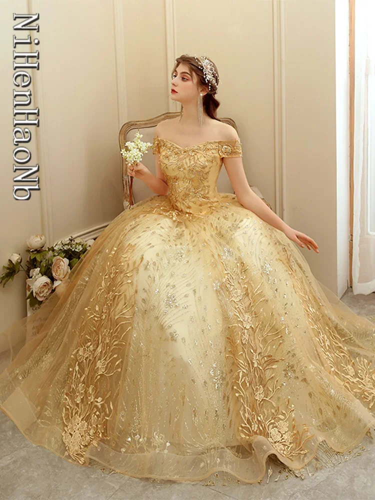 Quinceanera Jurken Trouwjurk Rood Koningsblauw Gold Baljurk Boothals Borduurwerk