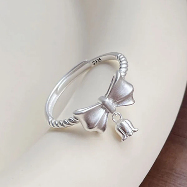 Women's 925 Sterling Silver Bow Tie Open Finger Ring, Cute Design