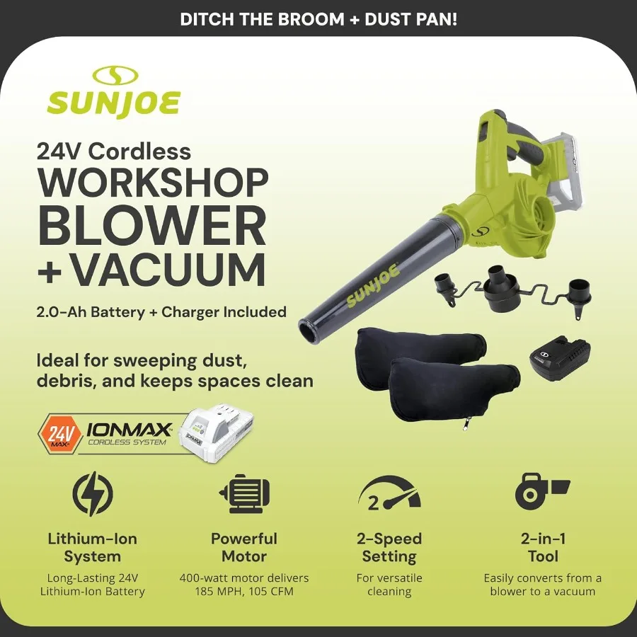 منفاخ متجر العمل IONMAX 24 فولت وشاحن بطارية مفرغ أخضر أسود يعمل بالطاقة الكهربائية أدوات الحديقة المحمولة 24VWSBLTE للتأثير