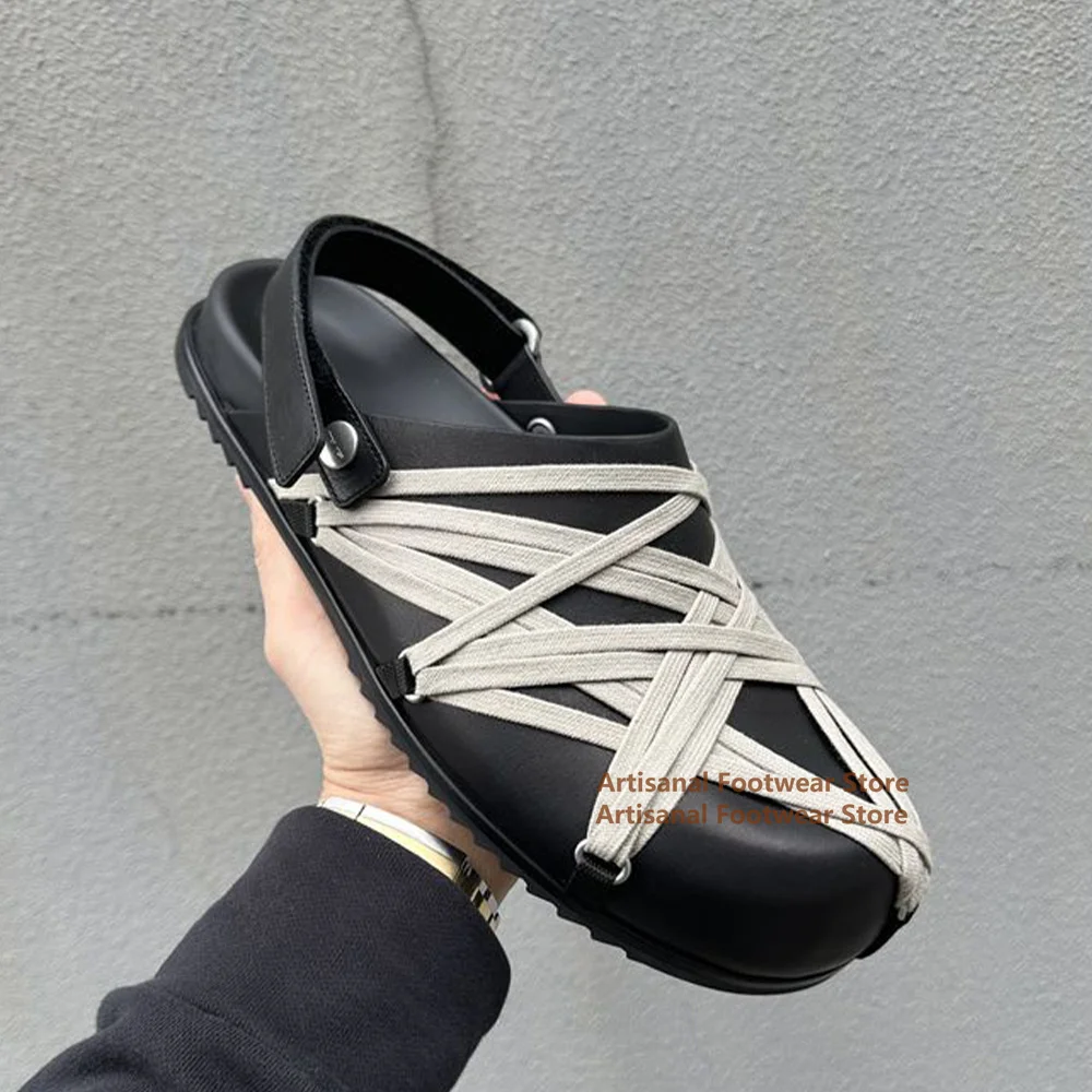 

Cross-Strap Cowhide Sandals for Men Round Toe Slip On Casual Shoes Designer Brand Leather Shoes Summer Thick-Soled Mules