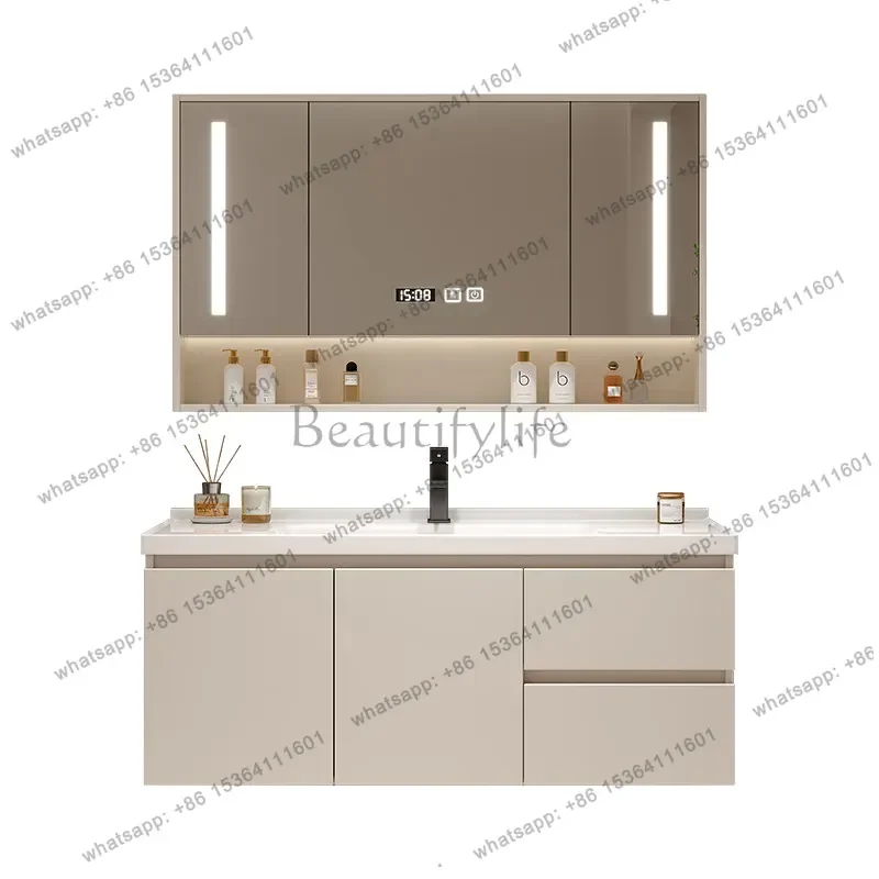 Simple solid wood ceramic basin integrated basin bathroom cabinet floor type