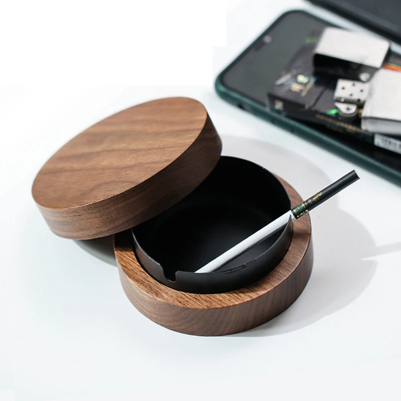 European Wooden Round Ashtray with Lid High-end Living Room Storage Jar Office Walnut Ashtray Anti-fly Ash Gift for Boyfriend
