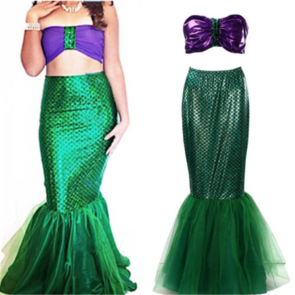 Women\'s Stage Performance Clothing Set, Strapless Mermaid Bra Tube Tops + Fish Scale Print Fishtail Skirt, S/M/L/XL/2XL