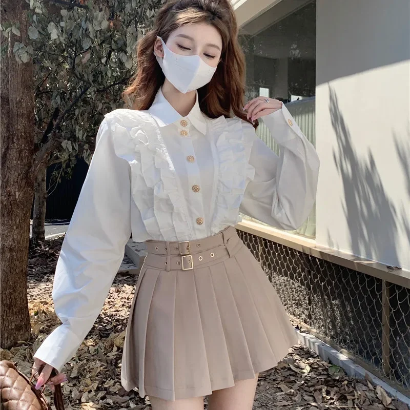 

Белая женская рубашка с длинным рукавом, модная Корейская версия, Однотонная рубашка, Офисная женская уличная одежда, французский винтажный Топ