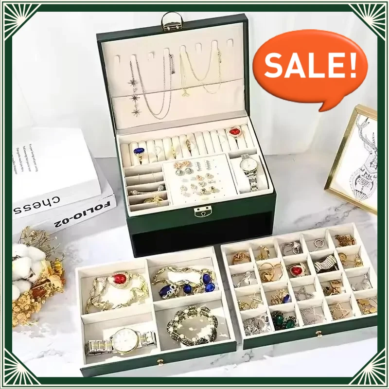 2026 Best-seller Multifunctional Three Layer Leather Jewelry Box with Lock Earrings Jewelry Storage Box for Women