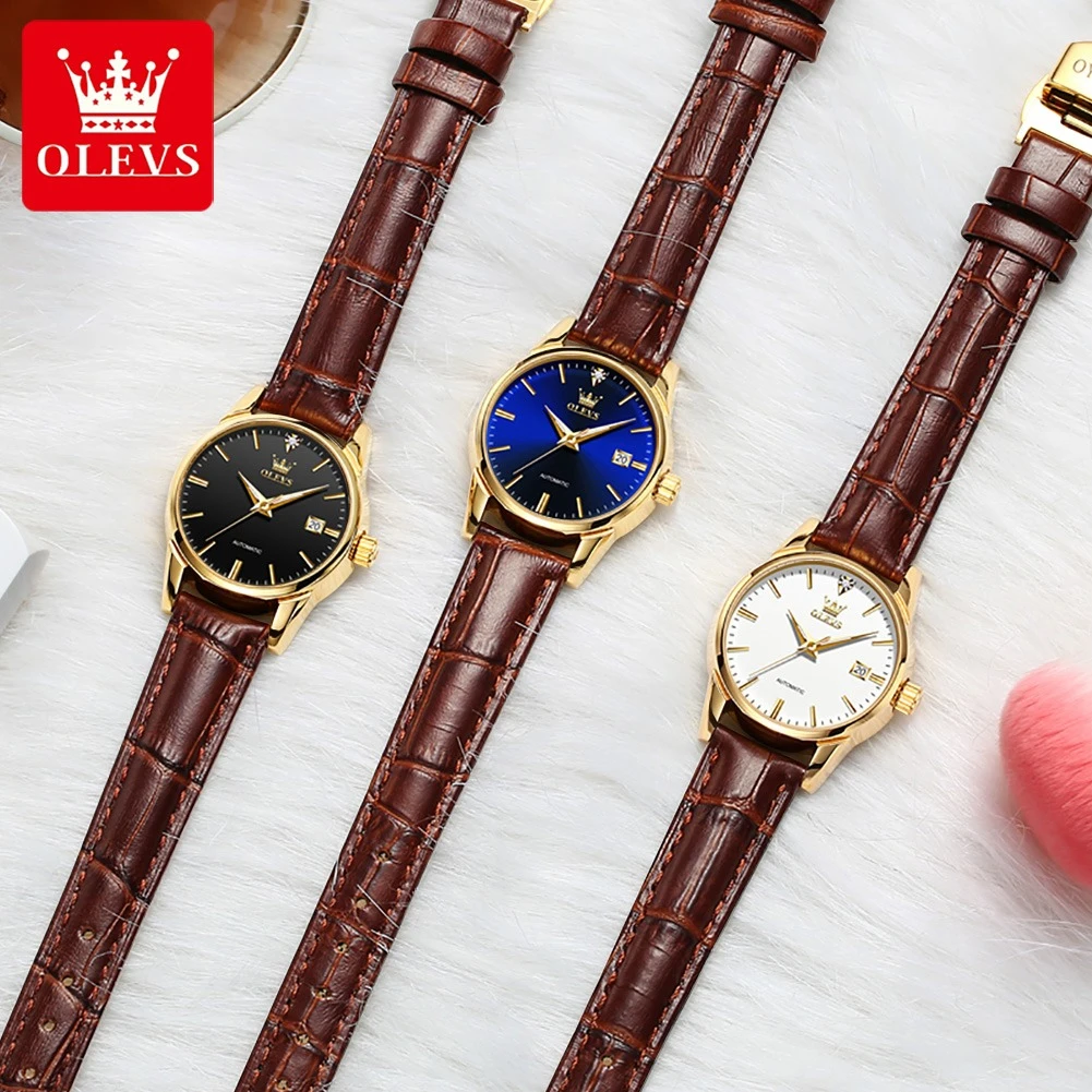 OLEVS 6629 Mechanical Fashion Watch Gift Genuine Leather Watchband Round-dial Calendar Luminous