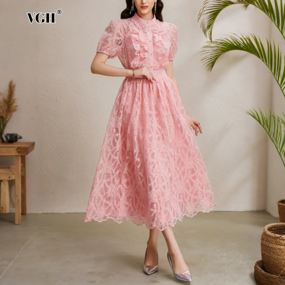 

VGH French Sweet Style Two Piece Set for Women Stand Collar Puff Sleeve Embroidery Top High Waist A Line Lace Skirt Suit Female