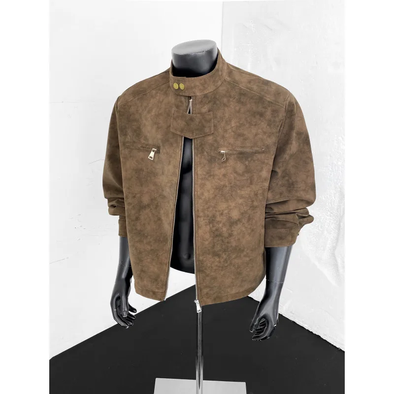 Spring Suede Jacket for Men Tie Dye Stand Up Collar Motorcycle Jacket Oversized Social Casual Hip-hop Harajuku PU Leather Jacket