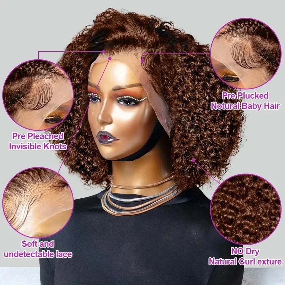 Chocolate Brown Short Curly Deep Wave Cut Bob 13x4 Lace Frontal Wigs Transparent 4x4 Lace Front Wig #4 Colored 100% Human Hair - view 4