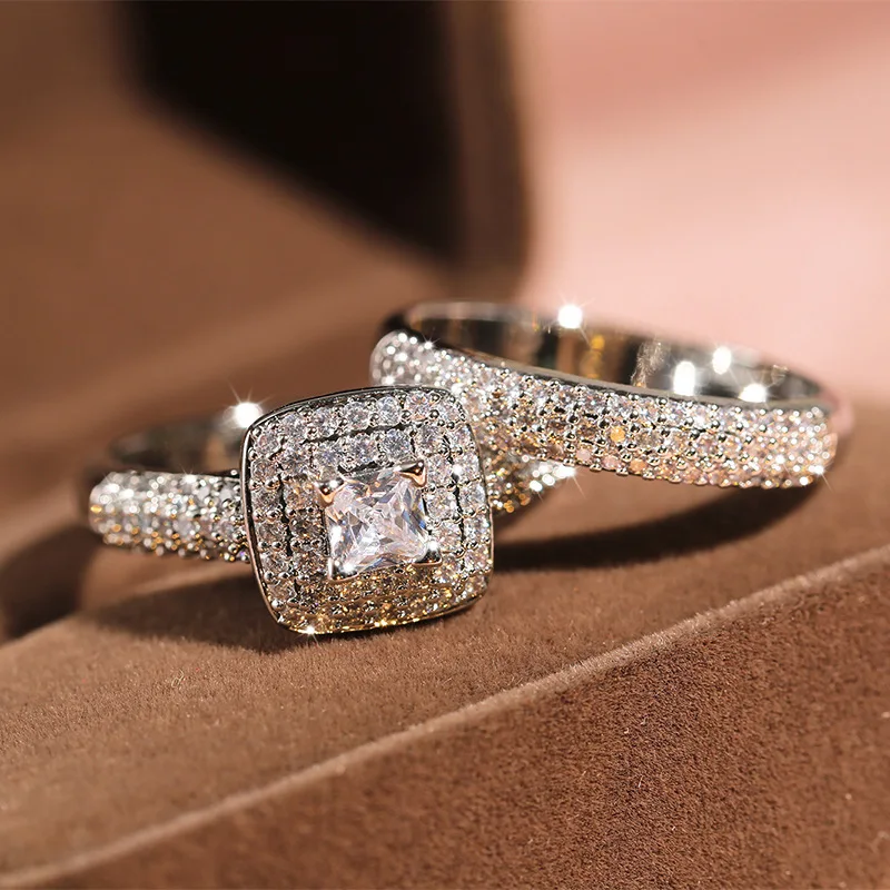 925 sterling silver dazzling fashion full diamond couple combination square diamond ring romantic luxury engagement two-piece se