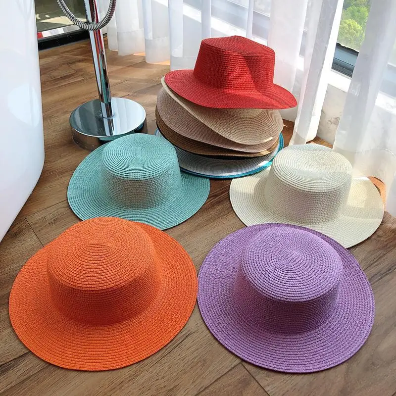 Sombrero panamá de parte superior plana de canotier colorido, sombrero de paja de papel transpirable de sol sólido de playa de estilo francés fresco