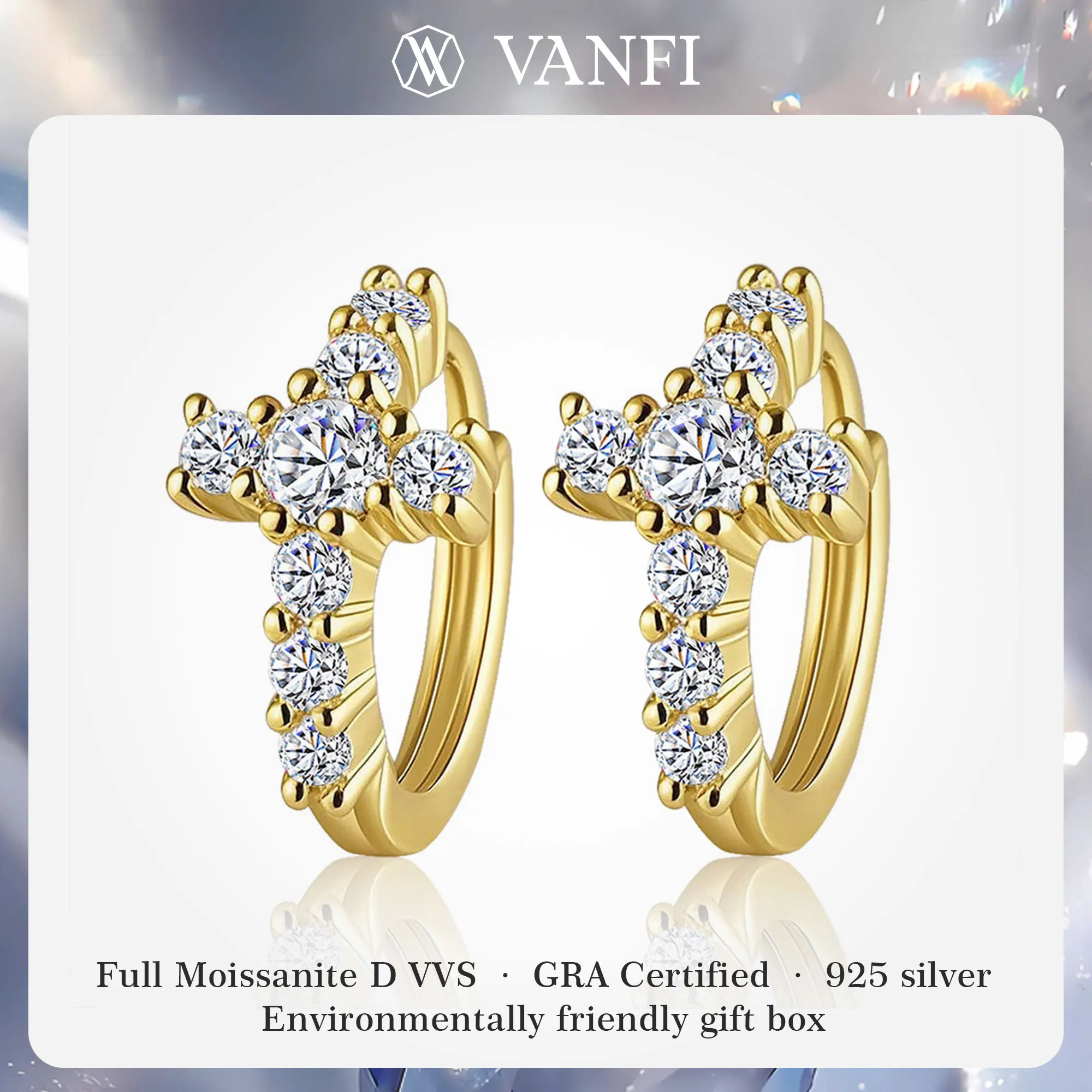 

KFVANFI женские сертифицированные серьги из муассанита, обручи, стерлинговое серебро 925 пробы, позолоченные 18 карат крест, роскошные вечерние ювелирные изделия, серьги-гвоздики