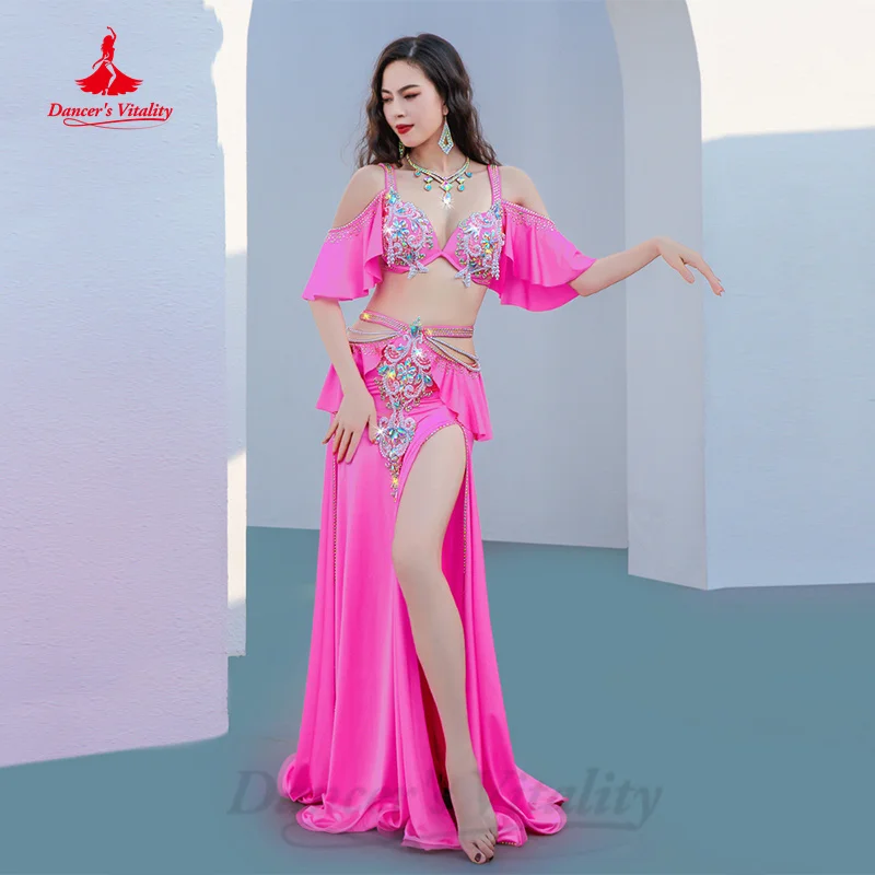 BellyDance Costume Set Customized Exquisite Pearl Bra+rhinestone Split Long Skirt 2pcs Women Oriental Dance Performance Costumes