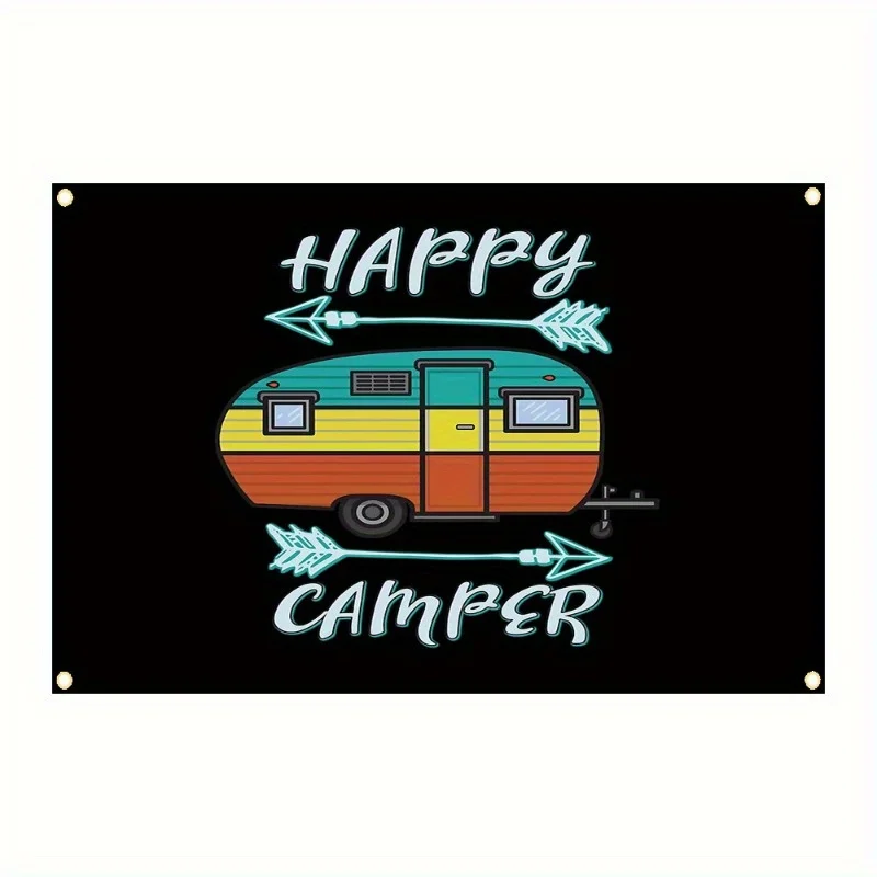 Happy Camper Flag Banner Retro Camping Travel RV Outdoor Decor Garden Ornament Sign Decoration With 4 Rings for Housewarming