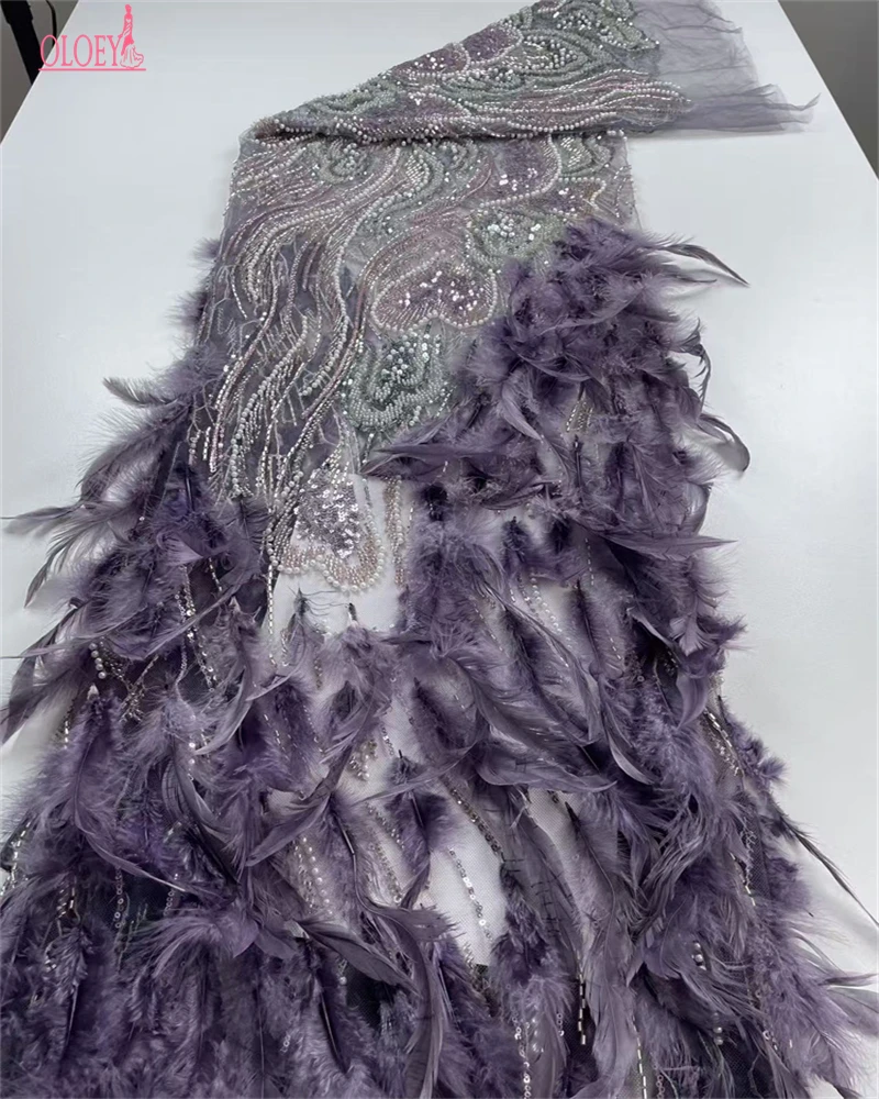 OLOEY, tela de encaje pesado francés africano con plumas 3D de lujo, cuentas de lentejuelas de alta calidad, tela de encaje nigeriano para vestidos de novia