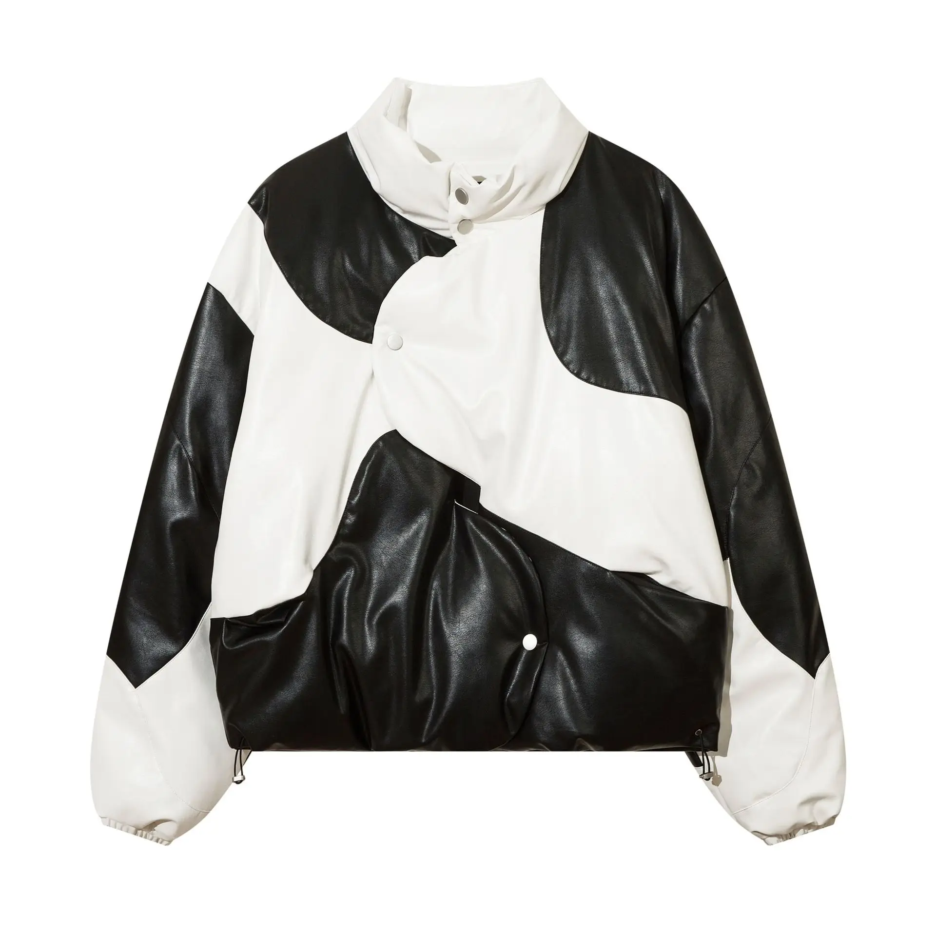 

Two-Tone Faux Leather Mans Puffer Jackets, Y2K Oversized Men's Jacket, Black White Streetwear Woman Winter Coat