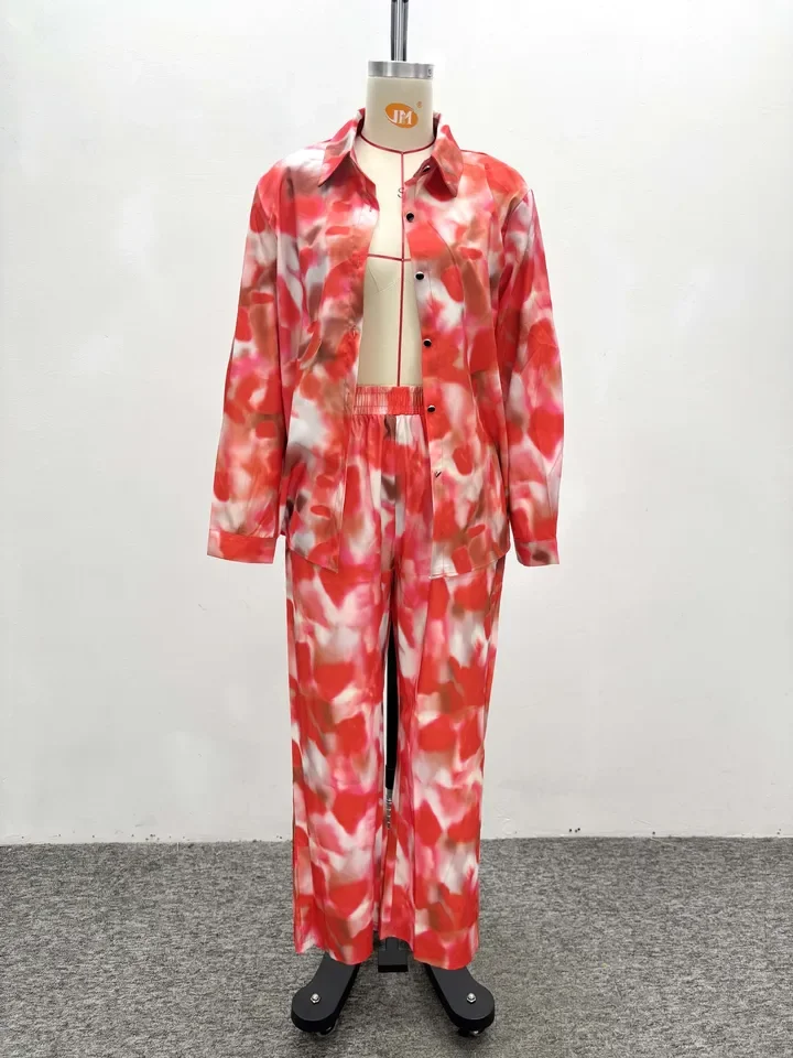 Women's Gradient Printed Casual Trendy Loose 2 Piece Sets Long Sleeve Turn-down Collar Shirt Wide Leg Pants American New Fashion