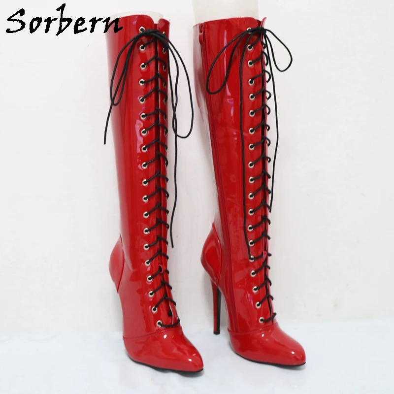 Sorbern Red Shiny 14cm Stilettos High Heel Unisex Boots Pointy Toes Zip Up Customized Shaft Length Cosplay Shoes For Sissy Boys