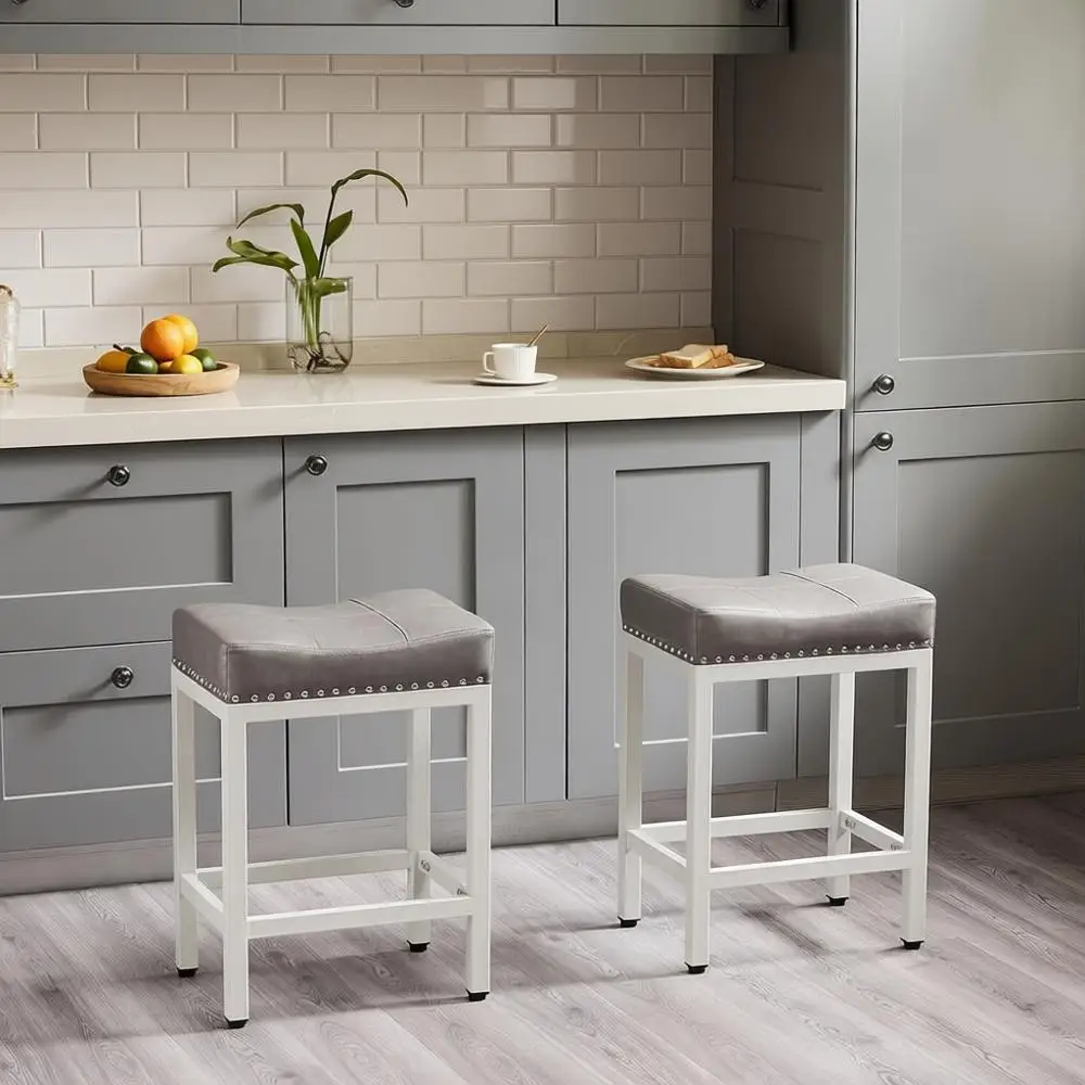 

2x 24 Inch Counter Height Stools, Curved PU Leather, 3.7 Upholstery, for Kitchen Island, Dining, Gray