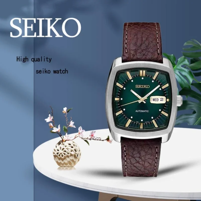 Original Seiko Automatic Mechanical Watch Men\'s Casual Fashion Watch High-quality Wine Barrel Watch Belt Retro Green Plate