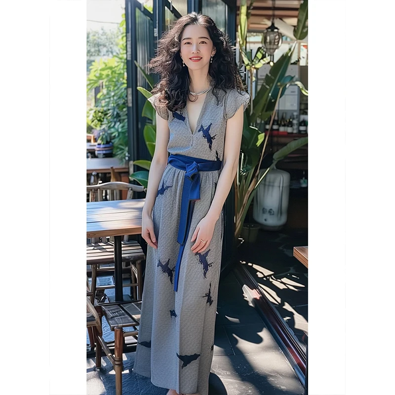 

Blue Cotton Linen Dress Women's New 2025 Summer Luxury Sensation Elegant Skirt V-neck Long Sleeve A-line Dress