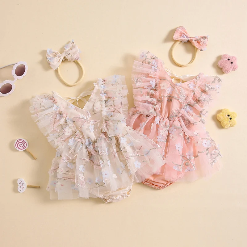 Baby Clothing Girl Rompers Dress Summer Flower Embroidered Tulle Jumpsuit And Bowknot Headband Clothes Newborn Set