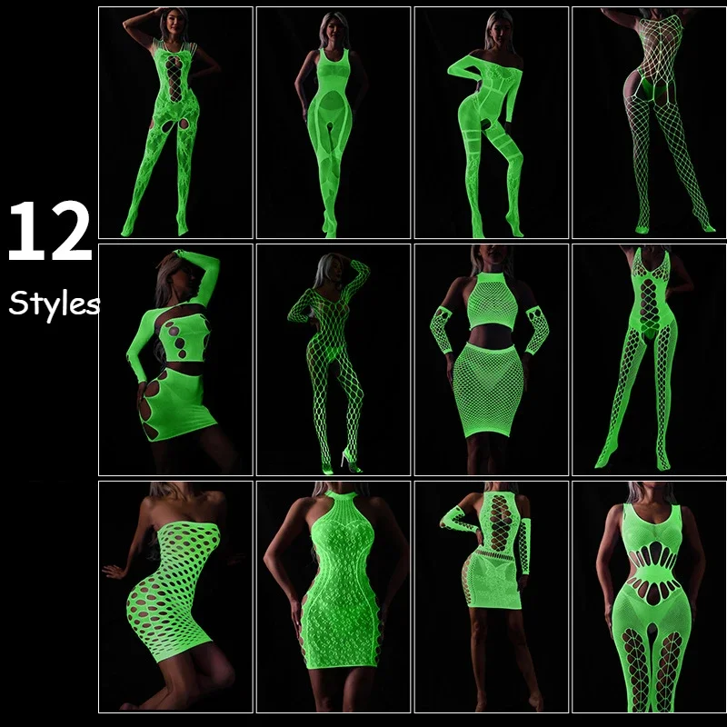 Erotic Miniskirt Tight Bodysuit Costumes Sexy Mesh Babydoll Dress Luminous Crotchless Bodystocking For Transparent Lingerie Set