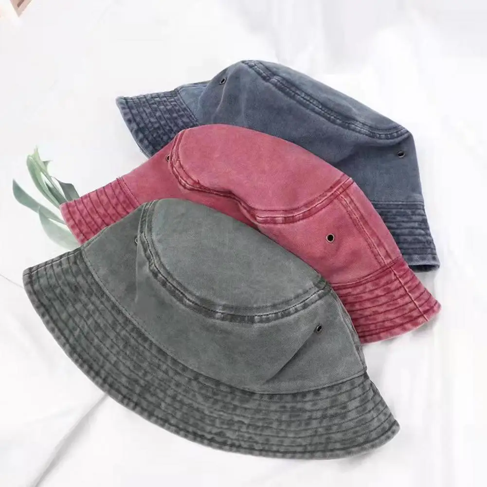 Vintage Washed Denim Bucket Hat Breathable Short Brim Fisherman Cap Portable Couple Sun Hat for Daily Commute Travel Streetwear