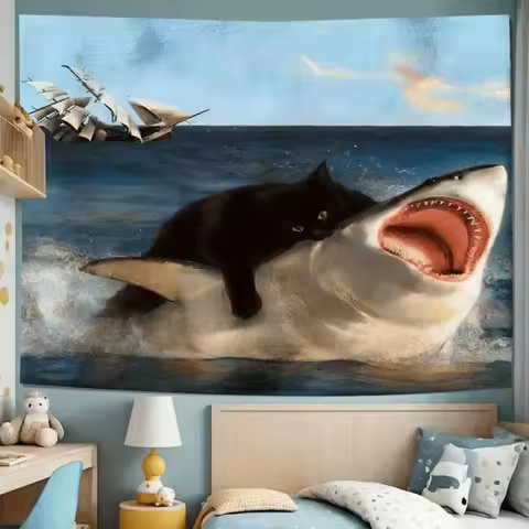 Dorm Room Tapestry, Conversation Starter Black Cat vs Shark Wall Art for College Bedroom Funny Decor