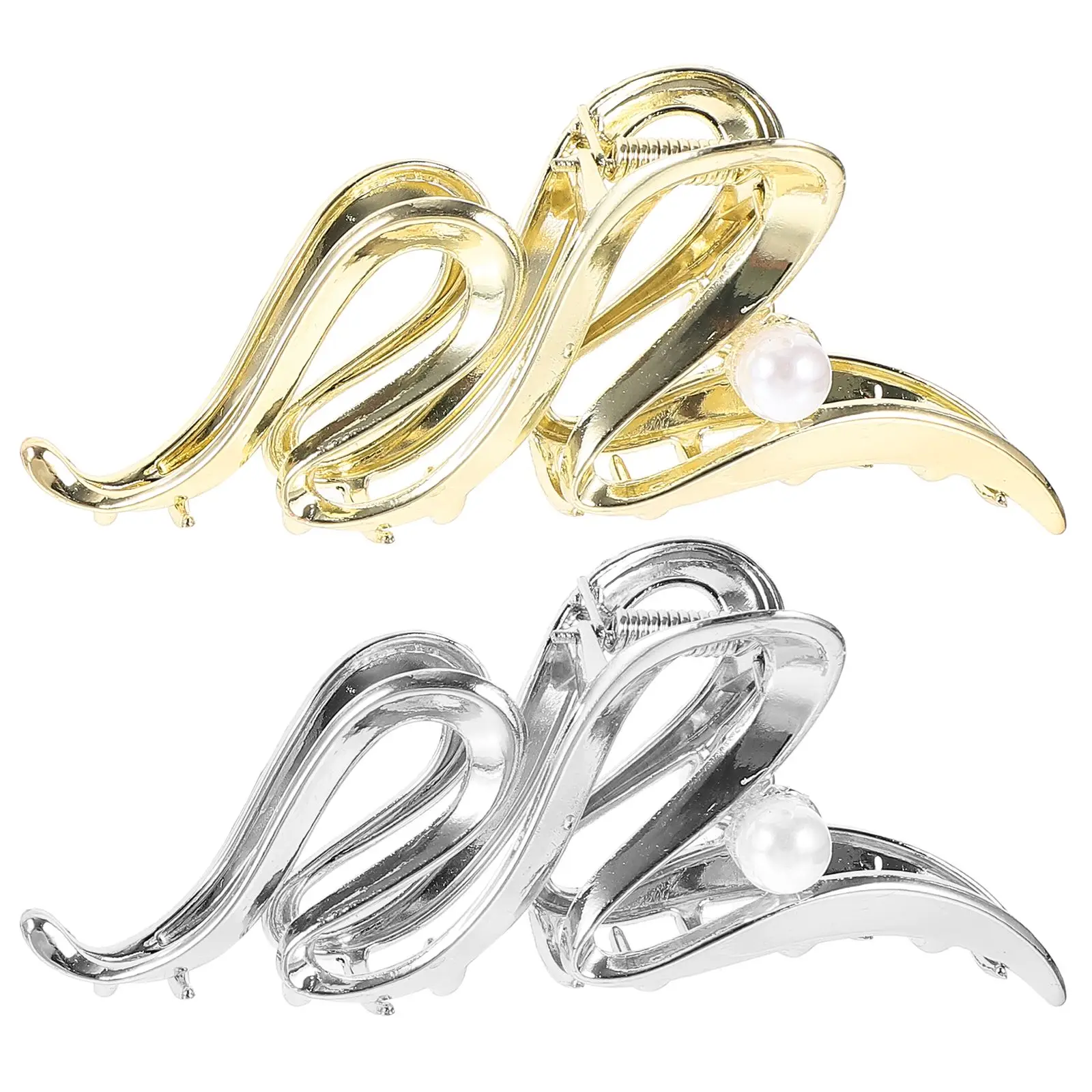 

2Pcs Pearl Shark Claw Hair Clips for Women Large Jaw Clips Thick Thin Hair Styling Accessories Silver Gold Metal Waves Design