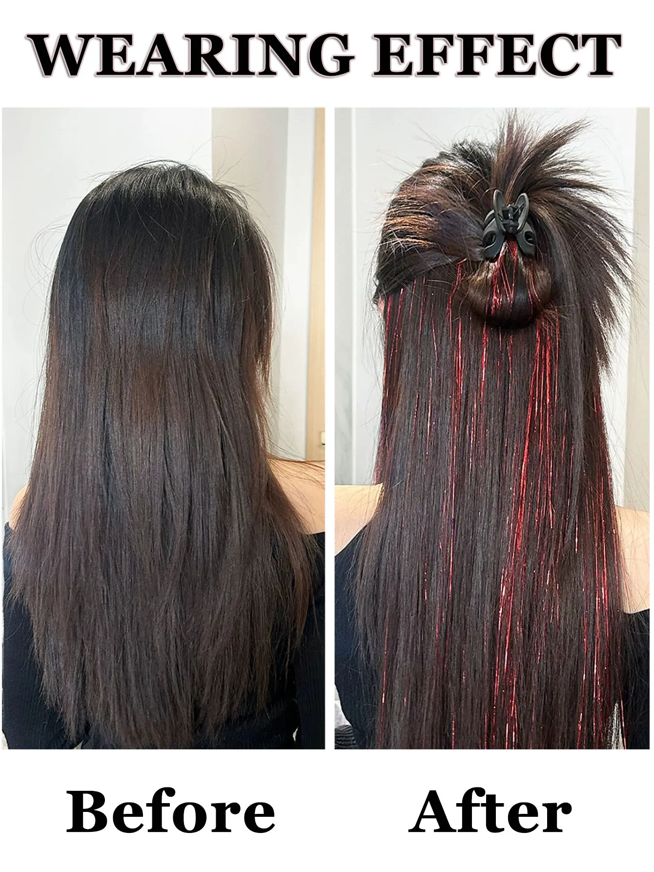 LM Glitter Tinsel Hair Extensions Clip In Straight Synthetic Highlight Hair Pieces for Women Party Y2K Punk & Cosplay Hairstyle