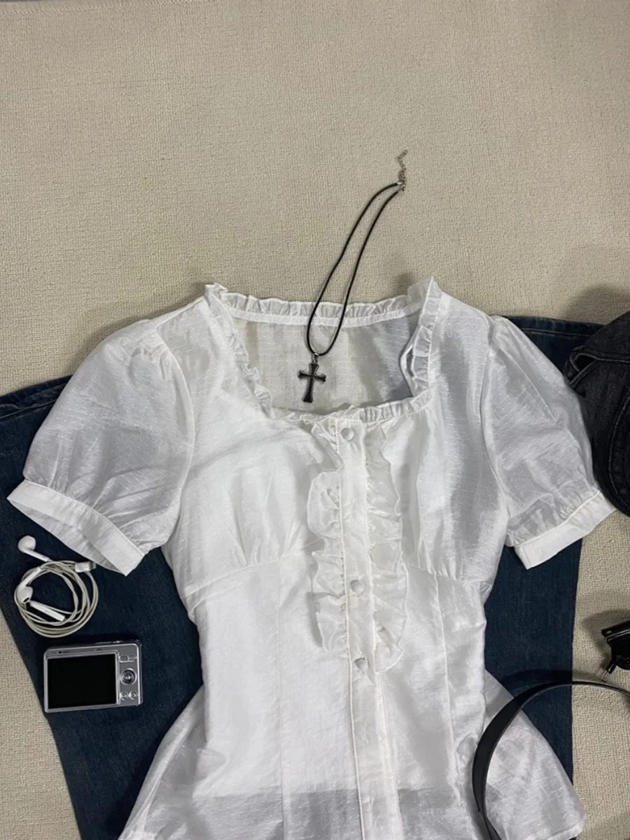 BaoYao Girl Original White Wood ain Ruffle Square Collar ort Sve irt Women Summer Design Sensation Small irt