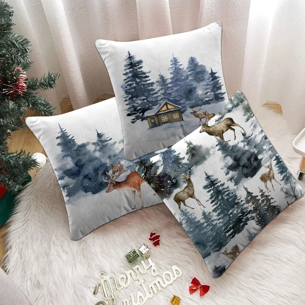 Christmas Pillow Cover Reindeer Cushion Cover 40x40 Chalet & Winter Pine Trees Themed Double Sided Short Plush Pillowcase