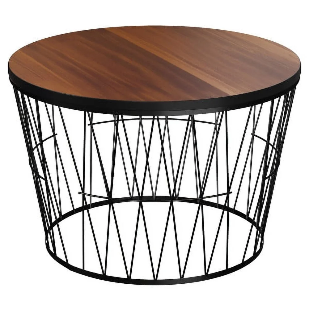 Modern Round Coffee Table MDF Wood Top with Geometric Metal Base Compact Accent Table Small Spaces Living Room Office