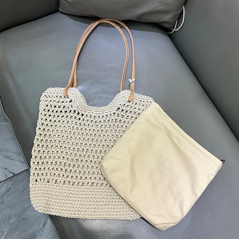 Korean Version New Summer Holiday-Inspired Tote Bags Casual Waxed Cord Knitted Beach Bag Versatile Beige Openwork Shoulder Bag