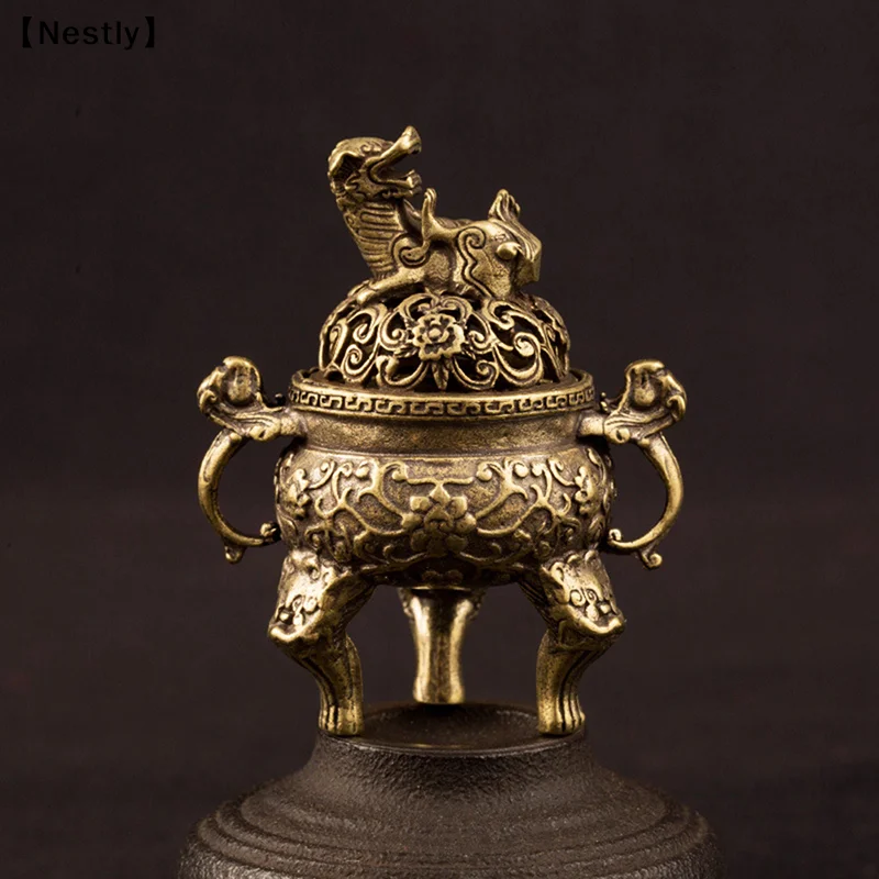 Antique Brass Three Legs Qilin Head Chinese Ancient Beast Censer Solid Copper Tea Desk Decor Censer Burner Ornaments〔Nest〕