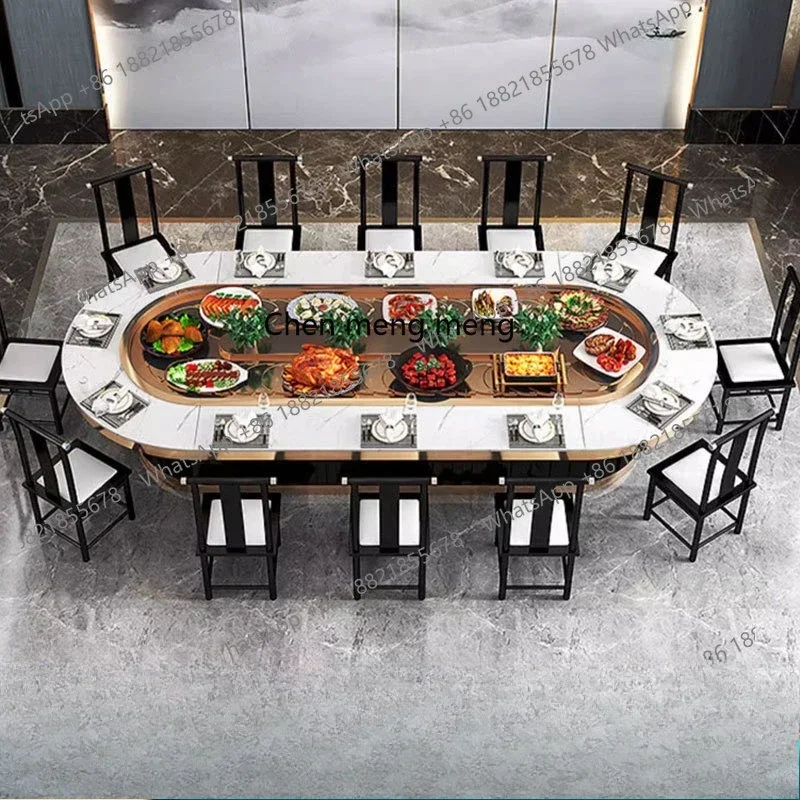 D5556 s6601 Hotel rock slab oval electric dining table  rectangular automatic rotating conveyor belt induction cooker small hot