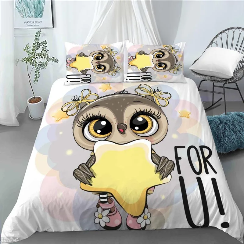 Cute Cartoon Printed Owl Bedding Set Duvet Cover Bedclothes 180X220CM Comforter Cover With Pillowcase For Kids Home 0826