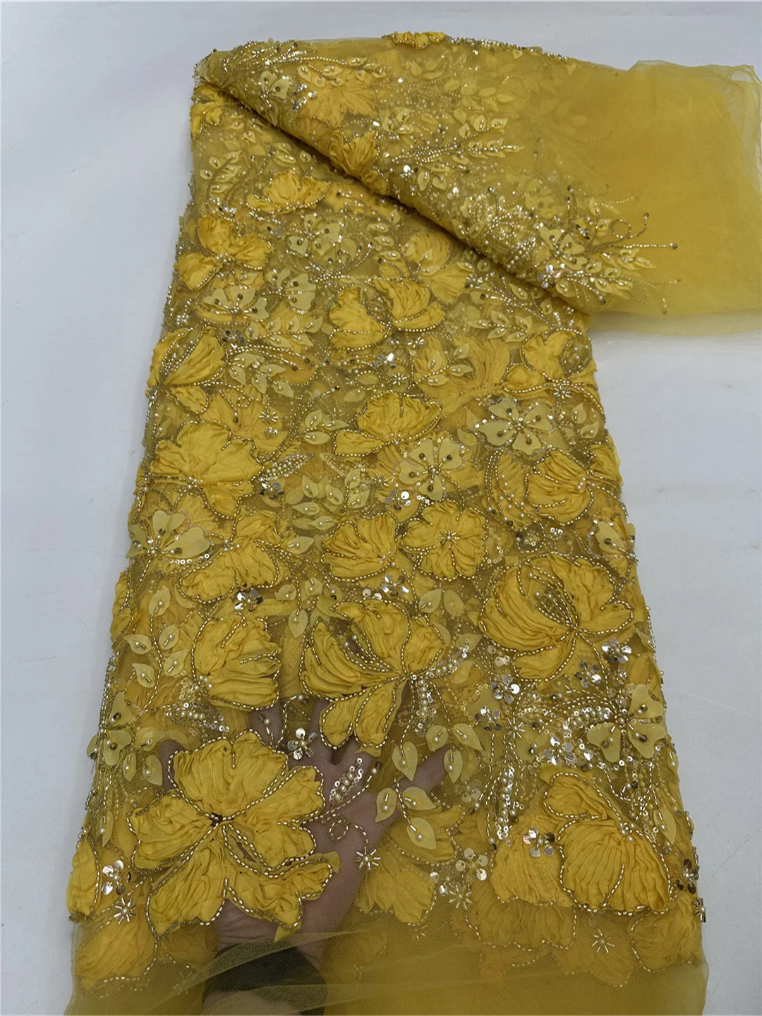 French Sequins Beaded Fabric For Sewing Wedding Party Lace Dresses Patchwork Material Tulle Fabric 5 Yards - RF